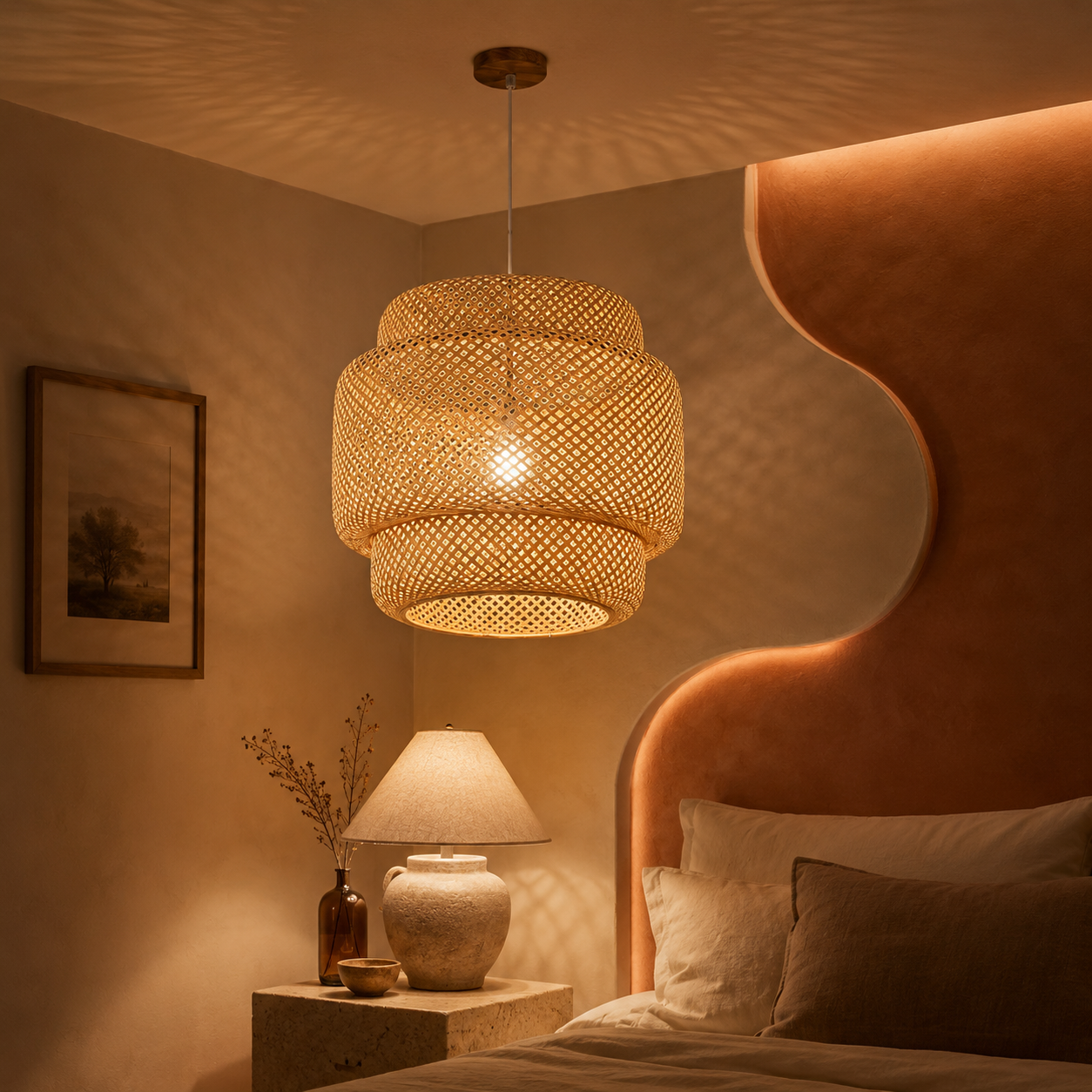 Natural Japandi Pendant Light in Woven Rattan