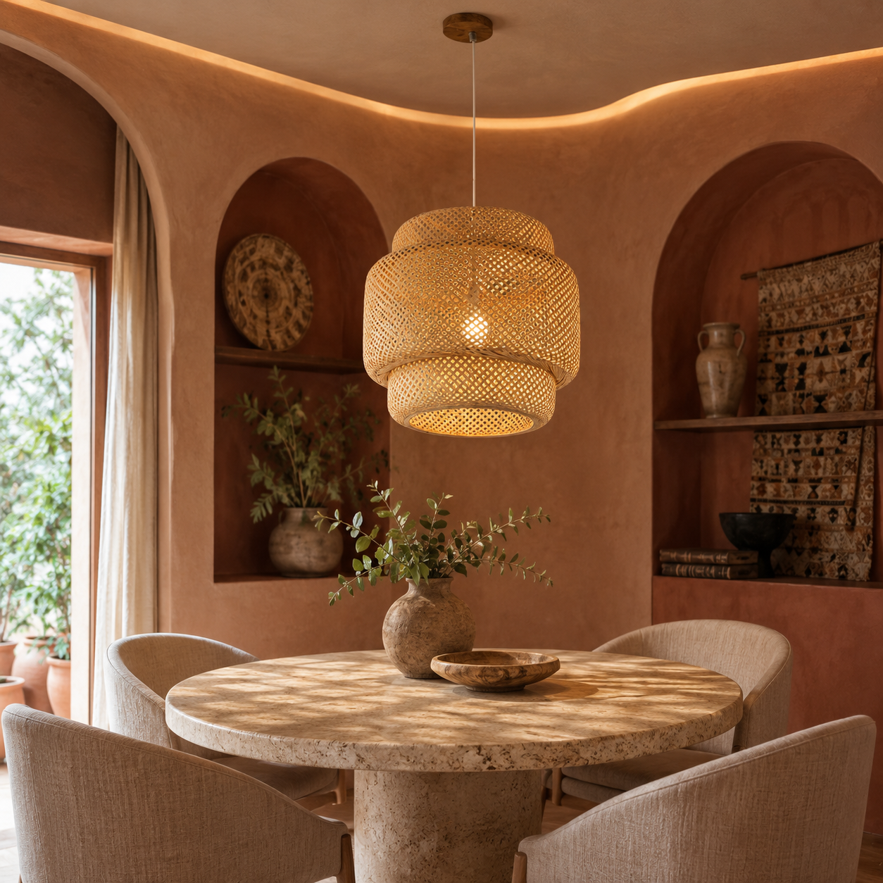 Natural Japandi Pendant Light in Woven Rattan
