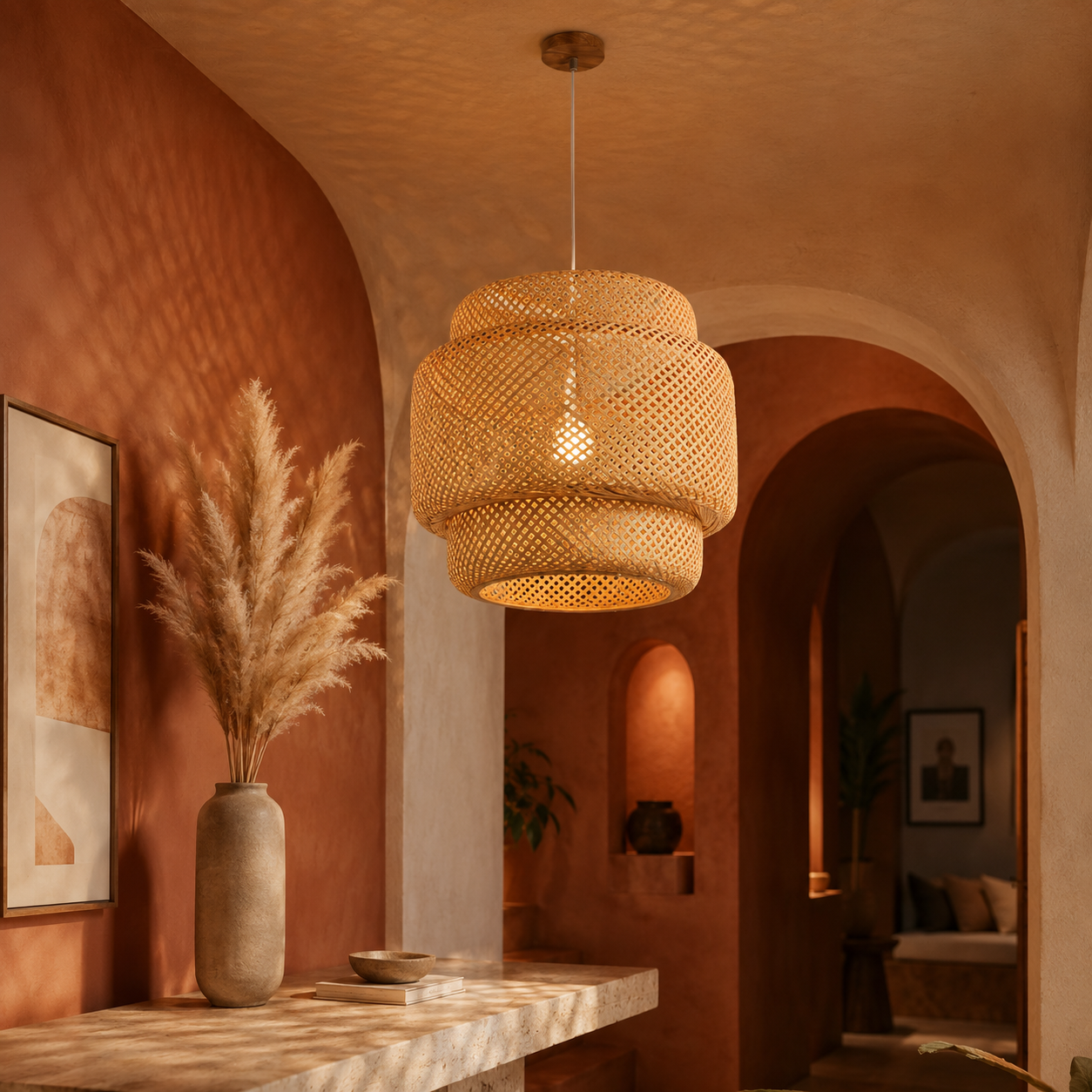 Natural Japandi Pendant Light in Woven Rattan