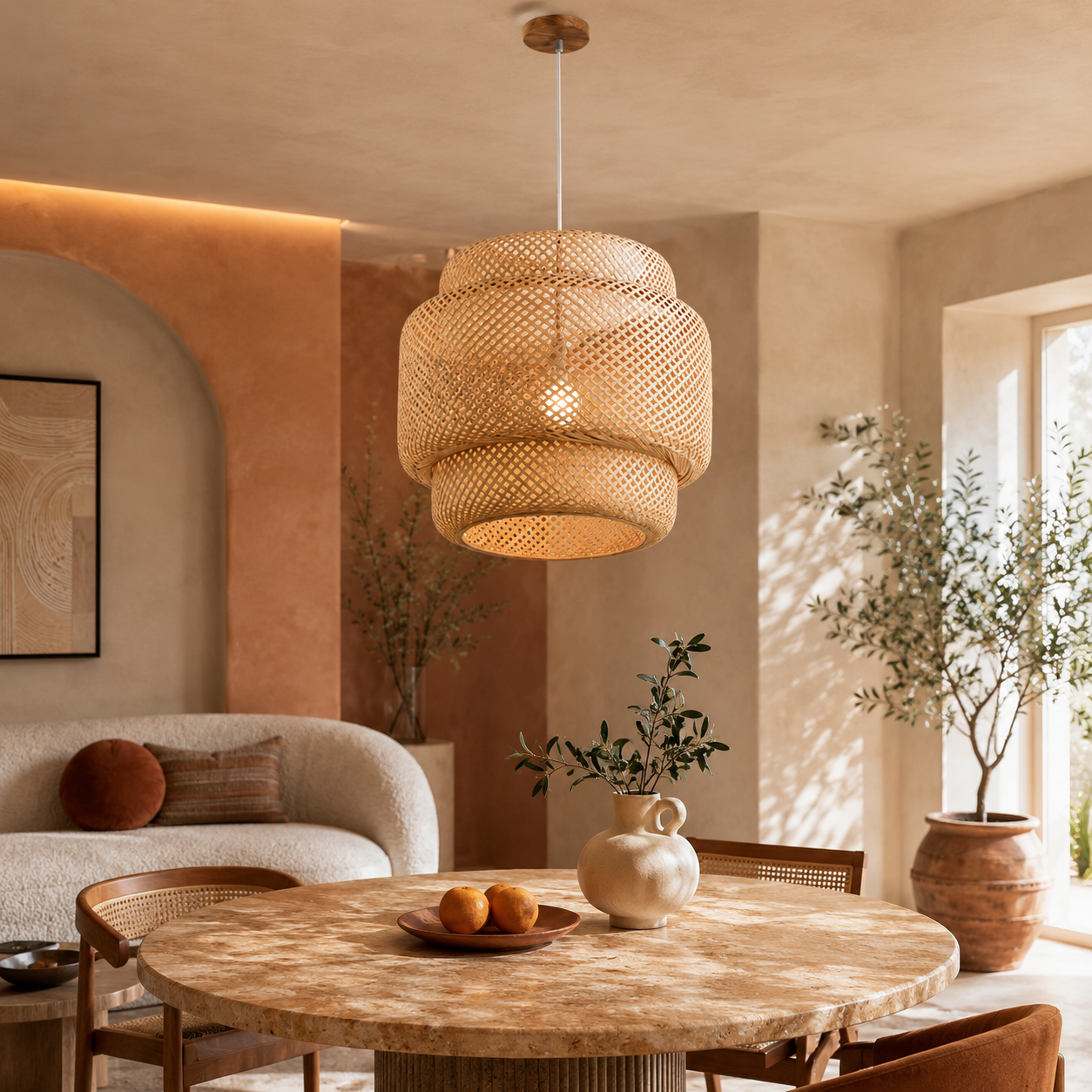 Natural Japandi Pendant Light in Woven Rattan