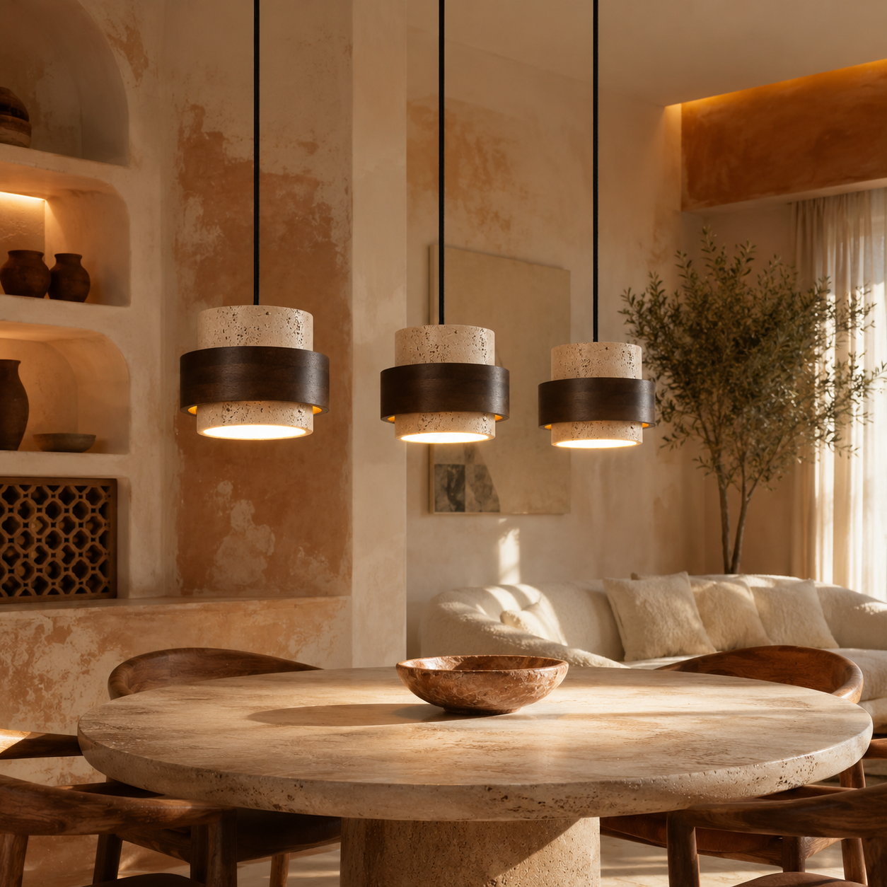 Minimalist Stone Wood Pendant Light Round