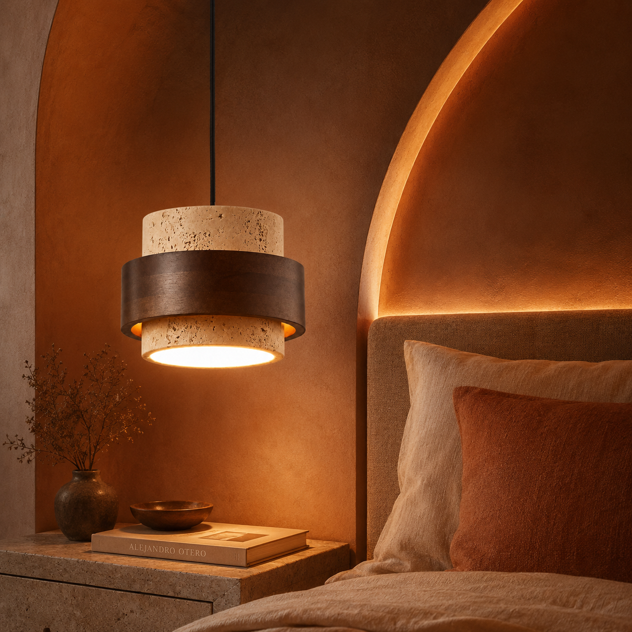 Minimalist Stone Wood Pendant Light Round