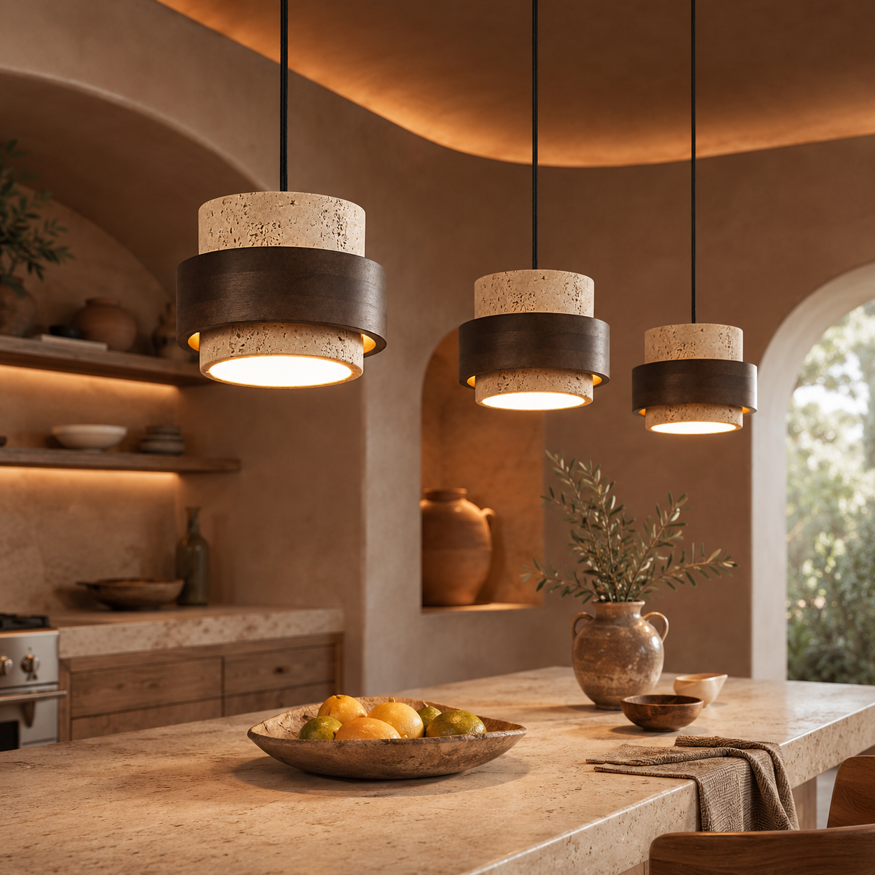 Minimalist Stone Wood Pendant Light Round