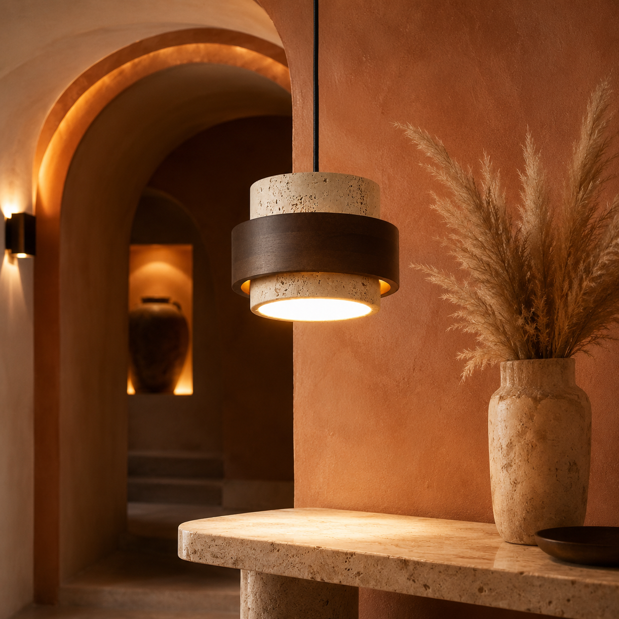 Minimalist Stone Wood Pendant Light Round