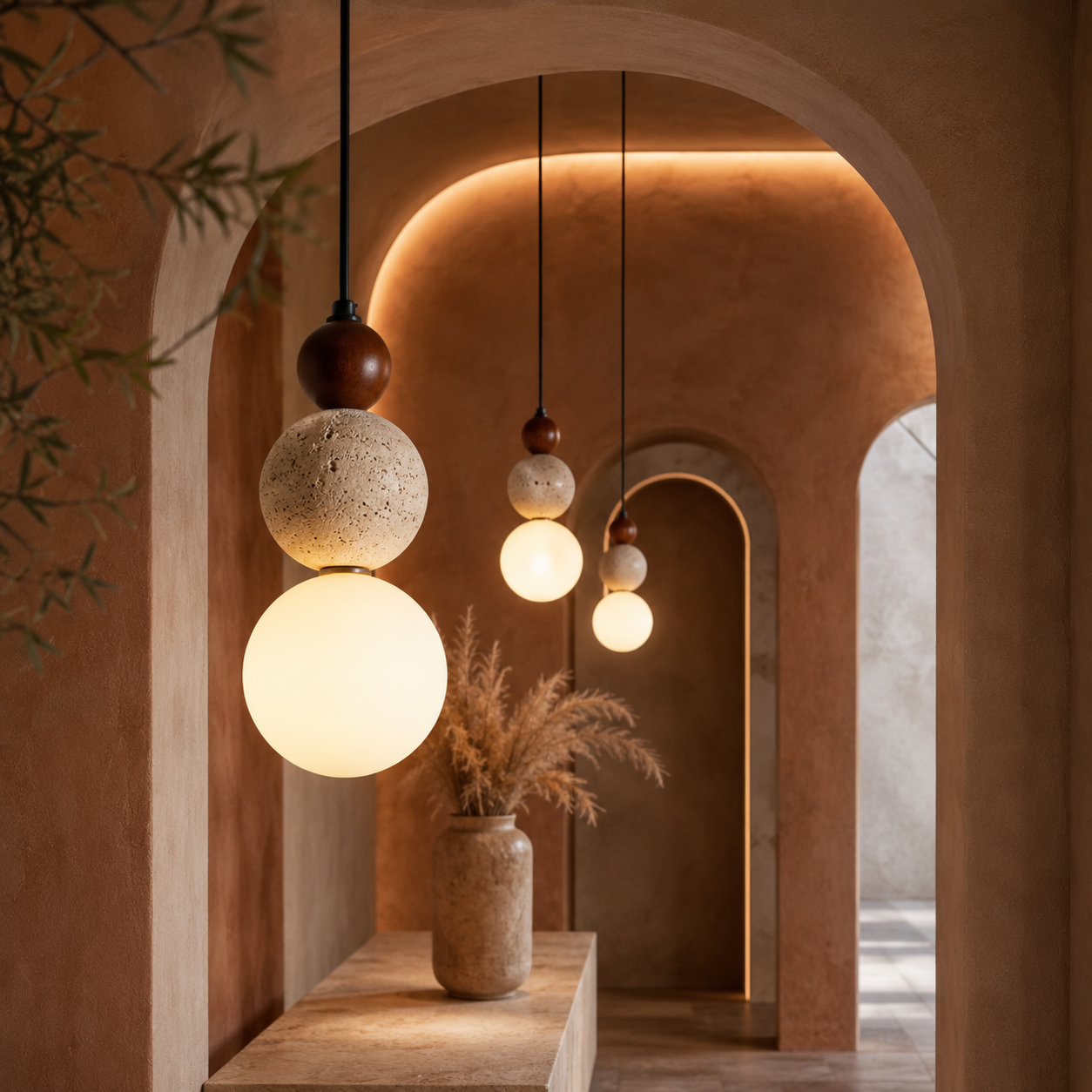 Bauhaus Pendant Light Stone Wood Stacked