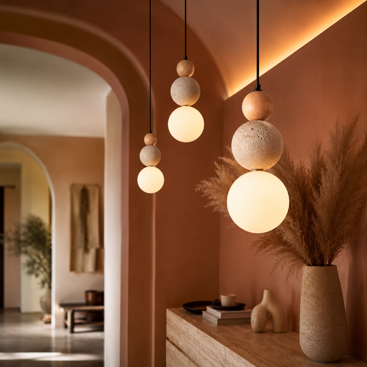 Bauhaus Pendant Light Stone Wood Stacked