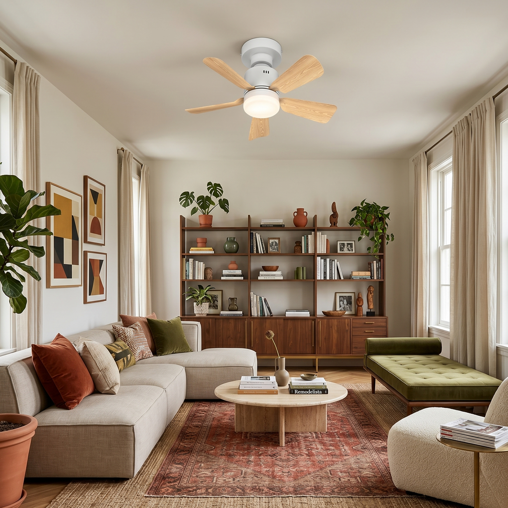 Ceiling Fan Flush Mount Modern White Wood LED