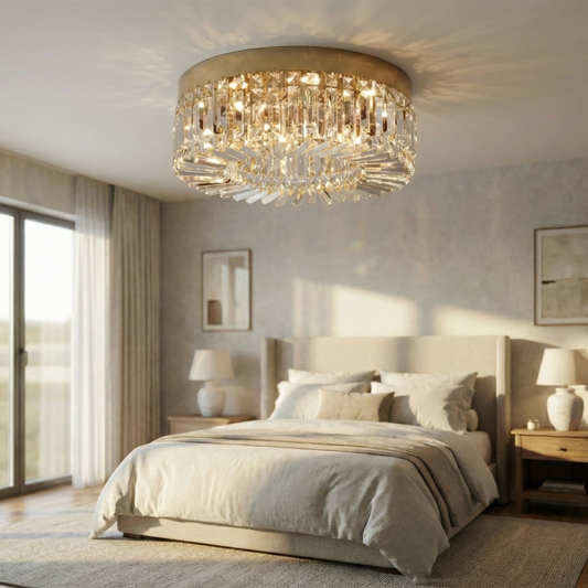 Gold Metal and Crystal Flush Mount Ceiling Light - Circular Tiered Chandelier
